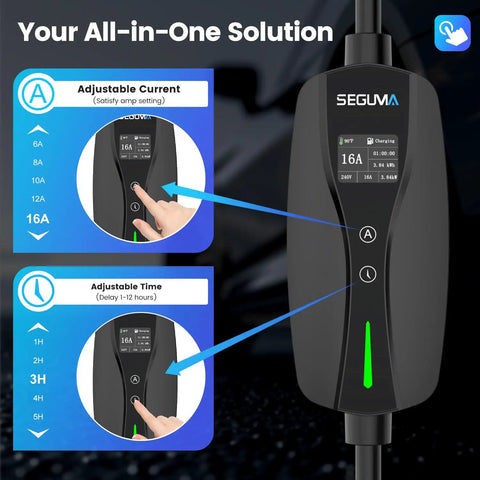 Plug And Play Level 1 And 2 Ev Charger With Adjustable 16 Amp Current And J1772 Connector For Bevs And Phves showing adjustable current and timer.