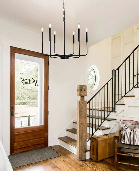 Black Farmhouse Chandeliers For Dining Room 26 Inch 6 Light Modern Candle Linear Traditional Metal Hanging Ceiling Light Fixture displayed in foyer