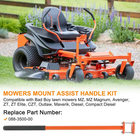 Mower Mount Assist Handle Kit With Grab Handle For Bad Boy Mowers fits MZ, MZ Magnum, Avenger, ZT displayed on grass with kit focus.