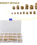 Brass Threaded Inserts Kit For 3D Printing, 300Pcs M2 To M6 And 1/4-20 displayed in a plastic organizer box