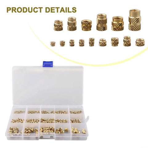 Brass Threaded Inserts Kit For 3D Printing, 300Pcs M2 To M6 And 1/4-20 displayed in a plastic organizer box