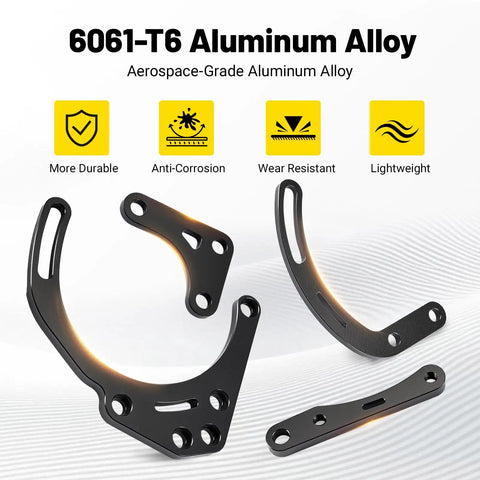 6061-T6 aluminum components of Aluminum SBC Alternator And Power Steering Pump Drive Bracket Kit With Pulley For Double Hump Heads Long Water Pump V Belt System Fit Chevy Small Block V8 305 327 350 383 5.0L 5.3L 5.4L 5.7L