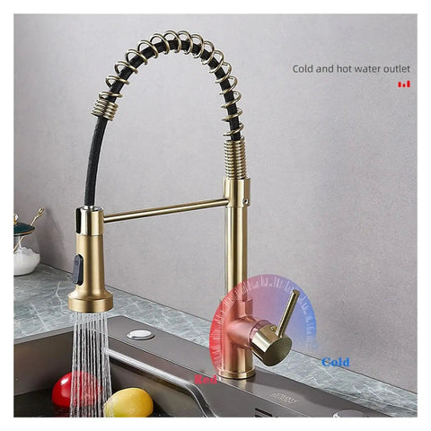 ZBSAVFM Matte Black Pull-Down Kitchen Faucet 360° Swivel Mixer Tap with Hot/Cold Water, gold and black finish detail.
