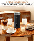 6-In-1 Electric Milk Frother And Steamer With Cold Foam, Hot Foam And Milk Warmer, shown on a table with various beverages.