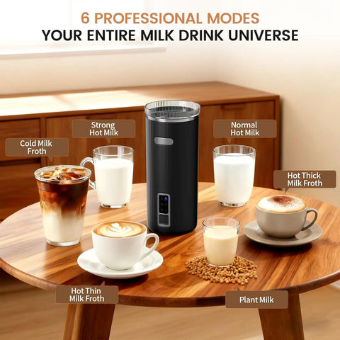 6-In-1 Electric Milk Frother And Steamer With Cold Foam, Hot Foam And Milk Warmer, shown on a table with various beverages.