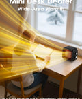 Dope Portable 1500W Desk Space Heater With PTC Ceramic Heating, warming a person reading at a desk indoors.