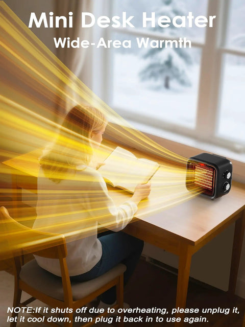 Dope Portable 1500W Desk Space Heater With PTC Ceramic Heating, warming a person reading at a desk indoors.