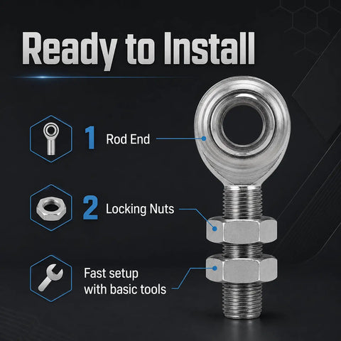 Three Quarter Inch Rod End Bearings Heim Joints Set Of Two With Right Hand Thread Sixteen Threads Per Inch Bore Zinc Plated Steel shown with labels