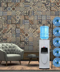 5 Tier Water Bottle Rack For 5 Gallon Dispensers, Heavy Duty Jug Holder beside a water cooler, in a room with patterned wall tiles.