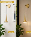 XYDikssn Gold Wall Sconce, Hardwired Wall Light with Brushed Brass and Clear Ribbed Glass Shade, modern hanging wall lamp with light on and off.