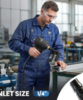 Man using Five Millimeter Pneumatic Hole Punch For Metal Working, inlet size 1/4 in, air powered punch tool in workshop.
