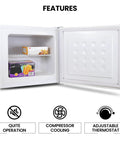 Hella Solid Upright Freezer One Point Two Cubic Feet White Compact Frost Vault With Wire Rack Garage Ready Meat Storage Box interior with shelf and storage items.