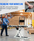 Slick Foldable Hydraulic Lift Cart And Portable Flatbed Truck Effortlessly Haul Heavy Loads Without The Sweat Compact Rolling Dolly in use with stacked boxes.
