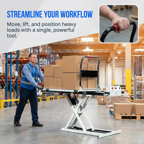 Slick Foldable Hydraulic Lift Cart And Portable Flatbed Truck Effortlessly Haul Heavy Loads Without The Sweat Compact Rolling Dolly in use with stacked boxes.