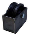 Cast iron V groove gate wheel with roller bearing in metal box for residential gates and chain link rolling gates.