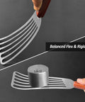 2-pack stainless steel slotted fish spatulas with wooden full-tang handles, curved blades 3x6 in and 4x8 in