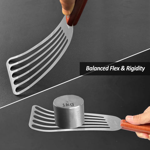 2-pack stainless steel slotted fish spatulas with wooden full-tang handles, curved blades 3x6 in and 4x8 in