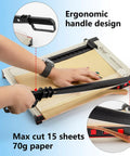 Ecraft 12-inch guillotine paper cutter with safety guard, magnetic guide, black metal base, front view