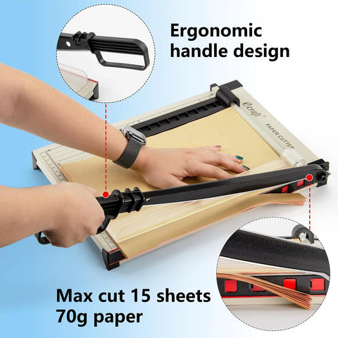 Ecraft 12-inch guillotine paper cutter with safety guard, magnetic guide, black metal base, front view