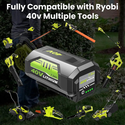 Two Pack 7.5Ah Replacement Battery for Ryobi 40V Tools with various compatible outdoor equipment displayed.