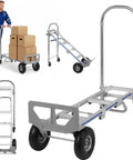 Two In One Convertible Hand Truck With Aluminum Alloy Frame Converts From Two Wheel Upright To Four Wheel Cart With Expanded Base Cargo Trolley For Warehouse Movers Couriers And Office Deliveries, with boxes and wheels