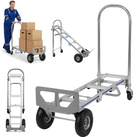 Two In One Convertible Hand Truck With Aluminum Alloy Frame Converts From Two Wheel Upright To Four Wheel Cart With Expanded Base Cargo Trolley For Warehouse Movers Couriers And Office Deliveries, with boxes and wheels