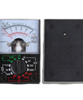 Front and back view of multipurpose analog and digital multimeter handheld power meter voltage tester with test leads for classrooms and labs use by teachers and students everyday.