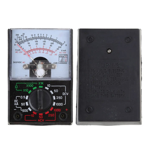 Front and back view of multipurpose analog and digital multimeter handheld power meter voltage tester with test leads for classrooms and labs use by teachers and students everyday.