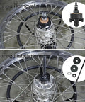 Heavy Duty Wheel Bearing Puller And Press Kit For Harley Davidson Motorcycles showing bearing removal and installation on a motorcycle wheel.