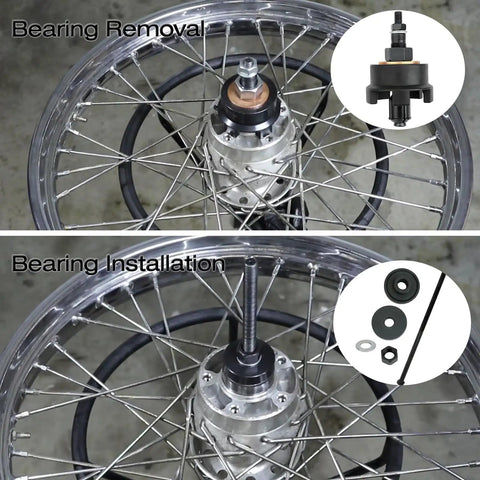 Heavy Duty Wheel Bearing Puller And Press Kit For Harley Davidson Motorcycles showing bearing removal and installation on a motorcycle wheel.