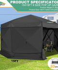 Pop Up Gazebo 15 By 15 Foot Canopy Tent With Sidewalls Screened In For Outdoor Parties And Camping, Easy No Tool Setup, Portable Shelter