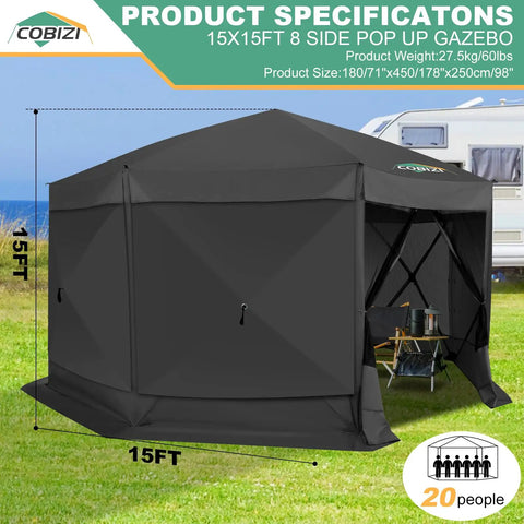 Pop Up Gazebo 15 By 15 Foot Canopy Tent With Sidewalls Screened In For Outdoor Parties And Camping, Easy No Tool Setup, Portable Shelter