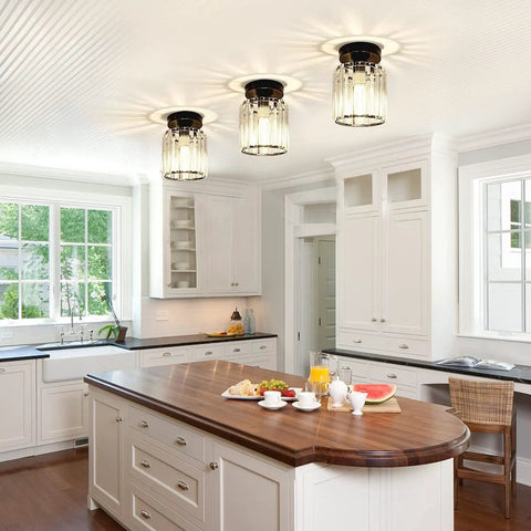 Compact Silver Modern Semi Flush Mount Ceiling Light Fixture With Chrome Finish, Antique Crystal Mini Chandelier in kitchen