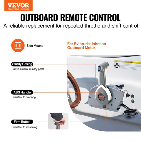 Beefed-Up Side Mounted Outboard Remote Control Box With Power Trim Switch And Lanyard For Evinrude Johnson Motors, showing aluminum build and features