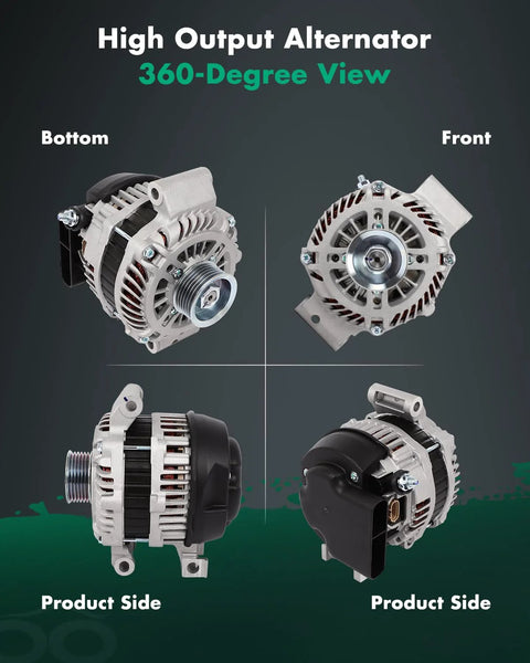 110 Amp 12V Alternator with CW pulley for Mazda 5 and CX-7, shown in 360-degree front, side, and bottom views