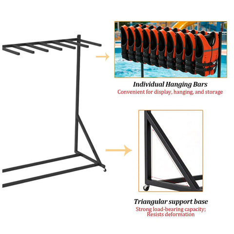 Heavy Duty Life Vest Holder Rack With Smooth Locking Wheels, showing individual hanging bars and triangular support base.