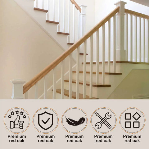 Top Shelf Straight Up Red Oak Arc Handrail For Indoor Staircases And Exterior Porches Featuring Hella Smooth Finish And Heavy Duty Assembly For Quick Weekend Renovations on a staircase.