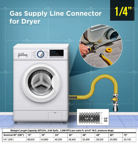 Twelve Inch Flexible Epoxy Coated Gas Line Connector For Space Heaters And Gas Logs With Three Eighths Inch OD And One Half Inch FIP To One Half Inch MIP Fittings Yellow Stainless Steel Corrosion Resistant connected to dryer