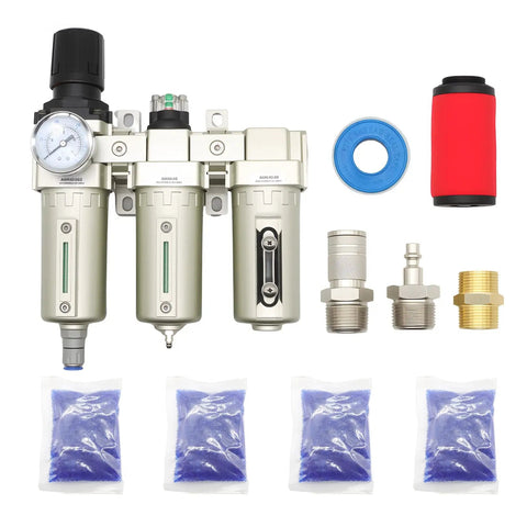 Pro Grade Three Stage Drying System With Coalescing Filter And Desiccant Dryer Auto Drain For Dry Air In Paint Spray And Plasma Cutter Setup For Pros Three Quarter Inch NPT Inlet components displayed