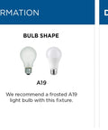E26 bulb base and A19 bulb shape recommendation, dimmable feature shown with a hand on dimmer switch for lights.