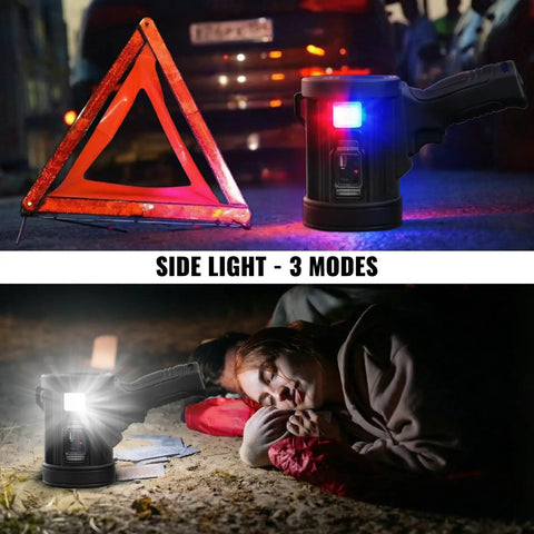 Rechargeable Spotlight 2 Million Lumens Handheld Searchlight with solar panels used outdoors at night, two scenes of use