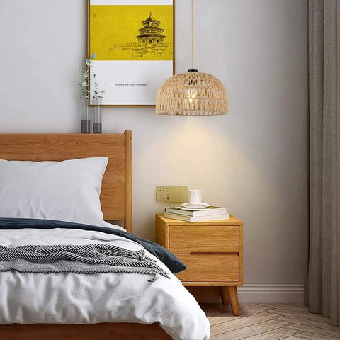 Plug In Pendant Light With Dimmable Cord Handcrafted Rattan Wicker Basket Shade Boho Farmhouse Hanging Lamp for cozy bedroom