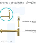 Gold Bottle Trap Drain With Push Buttons And QQ Feet For A Bathroom Upgrade Durable Finish brushed gold pop-up drain shown