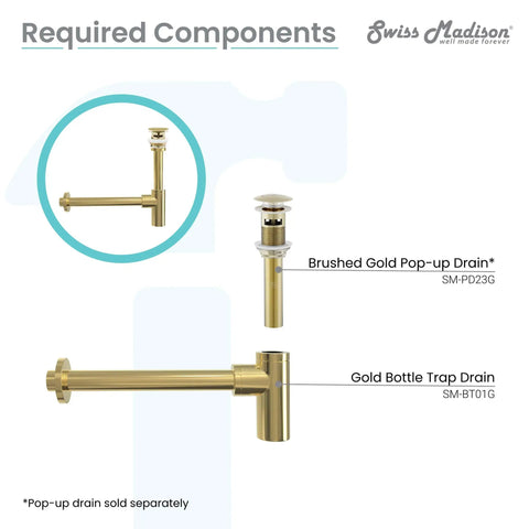 Gold Bottle Trap Drain With Push Buttons And QQ Feet For A Bathroom Upgrade Durable Finish brushed gold pop-up drain shown