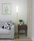 Gold Floor Lamp With Remote And Foot Switch, 360 Degree LED Light, Stepless Dimming From 3000K To 6000K, by a sofa in living room
