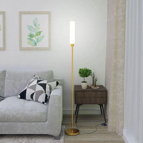 Gold Floor Lamp With Remote And Foot Switch, 360 Degree LED Light, Stepless Dimming From 3000K To 6000K, by a sofa in living room