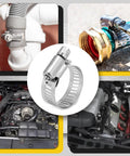 Front view of stainless steel hose clamp for 6–12 mm hoses; adjustable worm-gear band.