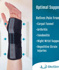 Person wearing Carpal Tunnel Wrist Brace For Arthritis Pain Relief And Support With Four Adjustable Straps Night Sleep Aid Tendonitis And Sprain Relief Unisex Wrist Splint For Men And Women HSA And FSA Eligible, shown with aluminum stays.