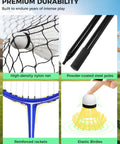 Portable Badminton Net Set With Pop Up Design showcasing net, steel poles, rackets, and shuttlecock features.