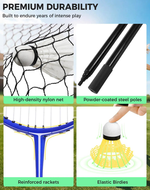 Portable Badminton Net Set With Pop Up Design showcasing net, steel poles, rackets, and shuttlecock features.